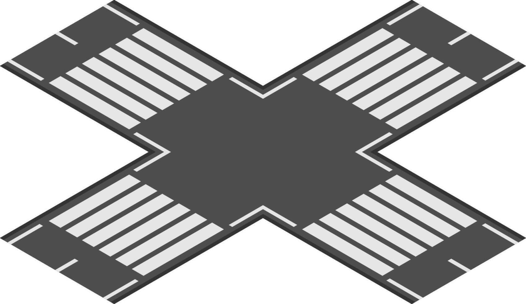 Four crosswalks and roads intersecting in an x shape, captured from above, illustrating concepts of urban planning, pedestrian safety, and traffic flow in a city environment vector