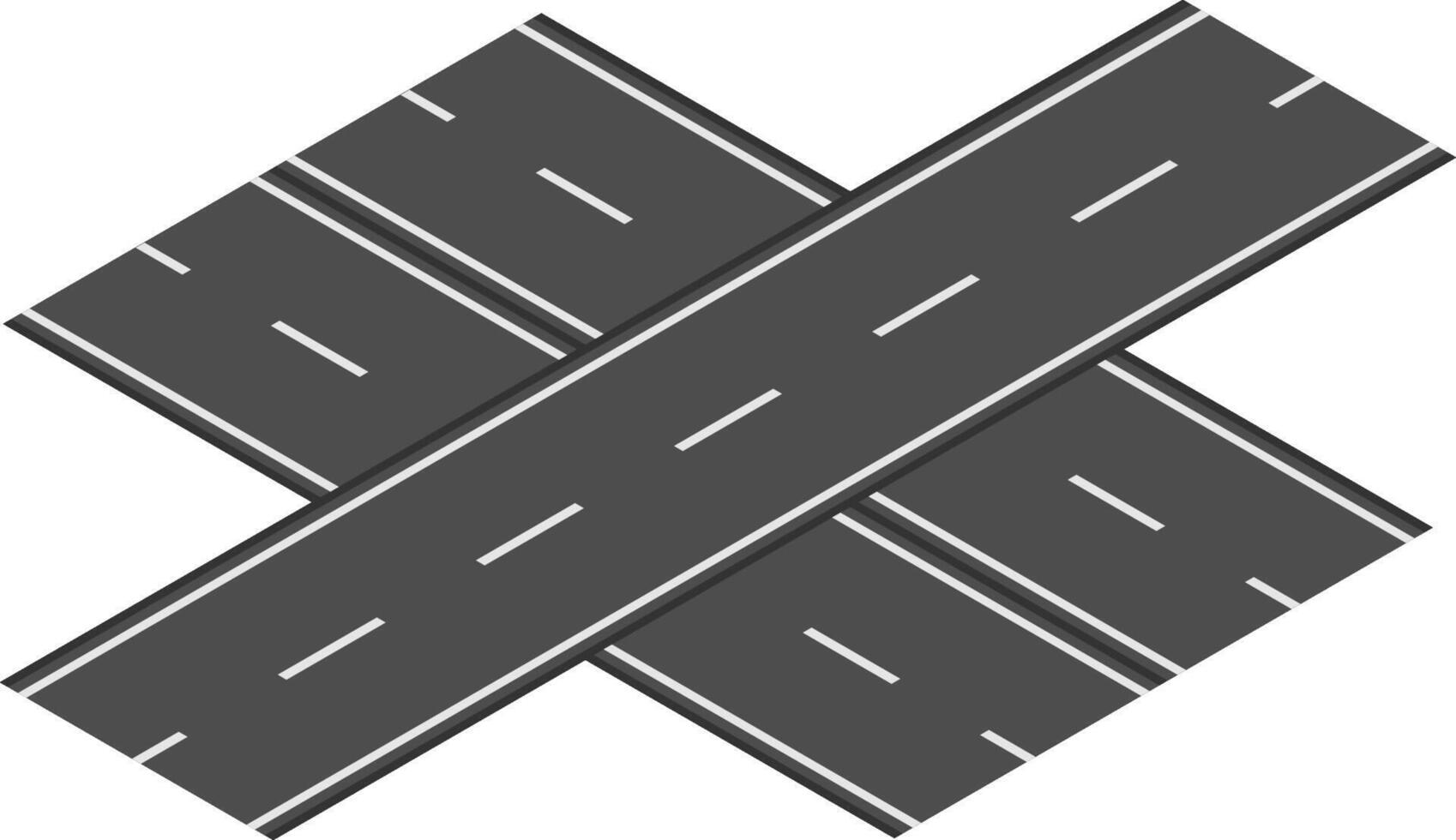 Intersecting roads forming a cross shape with white lane markings on dark asphalt, creating a simple representation of an intersection against a clean white backdrop vector