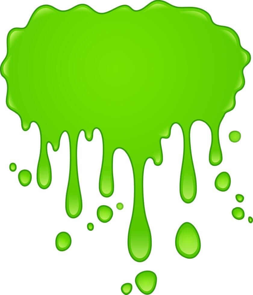 Viscous bright green goo is slowly dripping down, forming drops and blobs of various sizes, creating an abstract, playful, and slightly messy visual vector