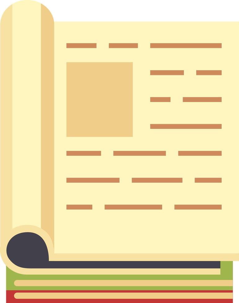 Open book with a curled page resting atop a vibrant stack of colorful books, embodying the essence of studying, learning, and the journey of knowledge exploration vector