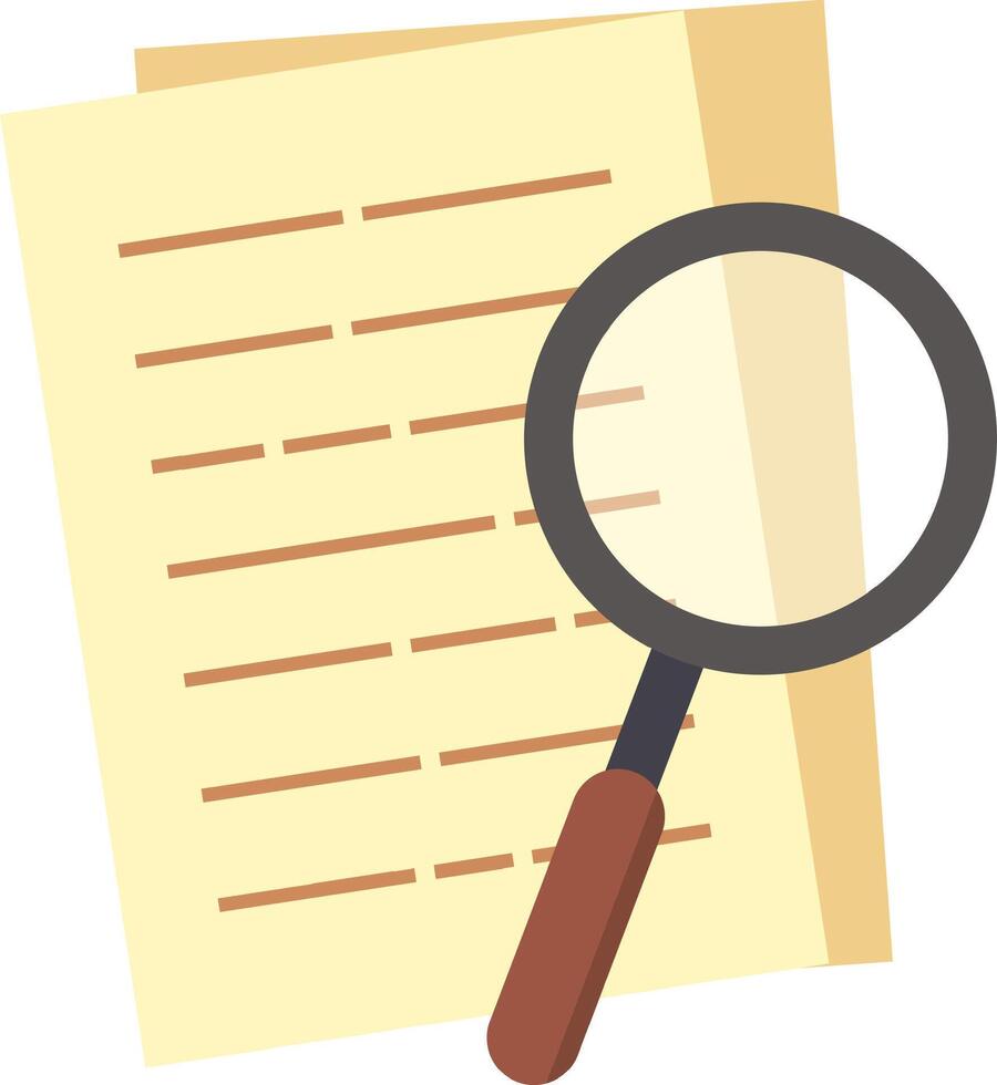 Magnifying glass hovering above a paper document, representing the processes of research, analysis, and careful scrutiny of written content for deeper understanding and insight vector