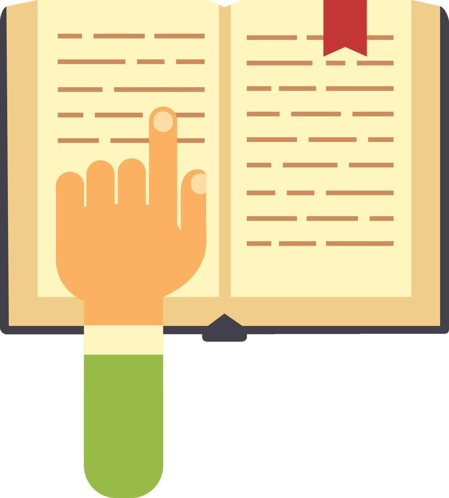 Hand with index finger extended points to an open book with a red bookmark, illustrating the concepts of reading, studying, learning, and education vector