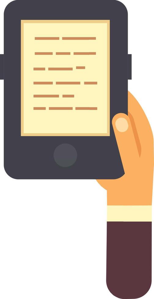 Hand holding an e reader with lines of text displayed on the screen, highlighting the experience of reading an e book or digital document in a modern, portable format vector