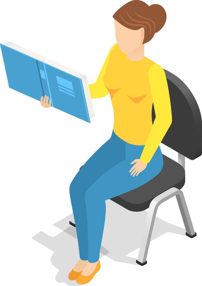 Isometric illustration representing a young student or teacher woman reading a book sitting on a chair, perfect for educational or learning concepts vector