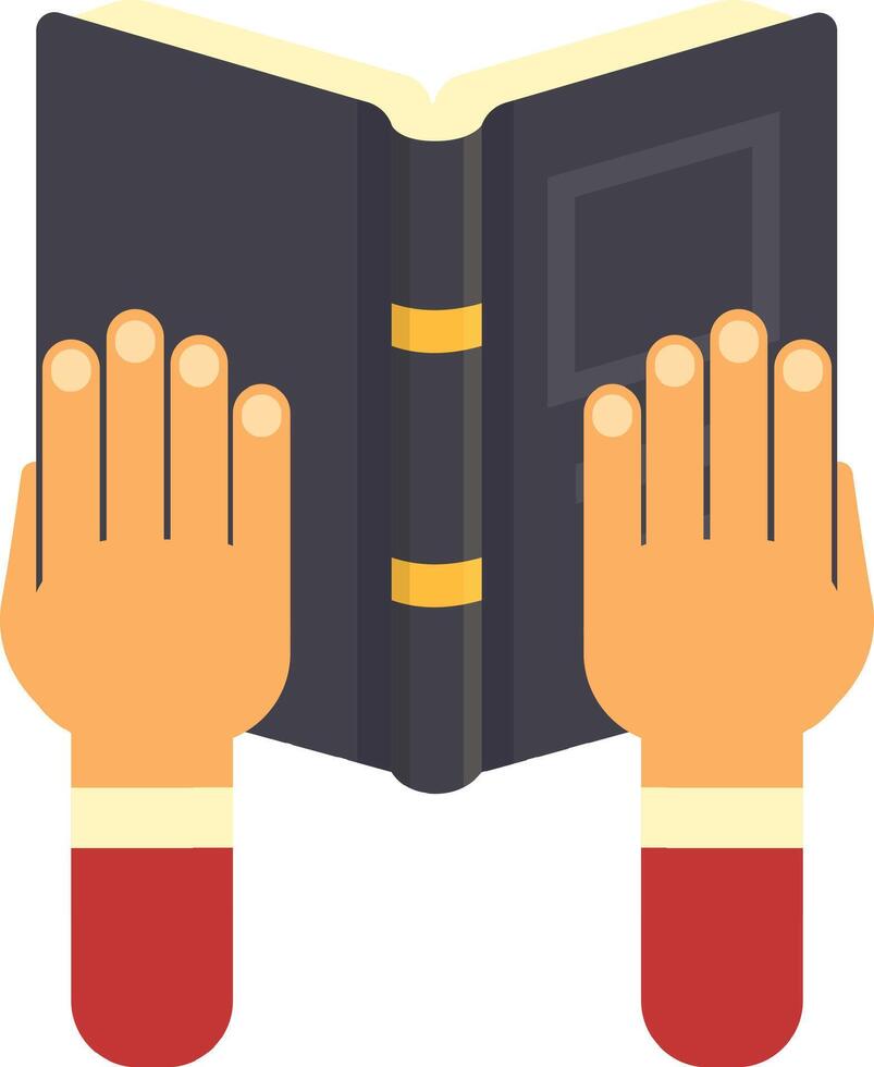 Two hands holding and reading a large open book with a dark cover and golden details on the spine, conveying the concept of studying and enjoying literature vector