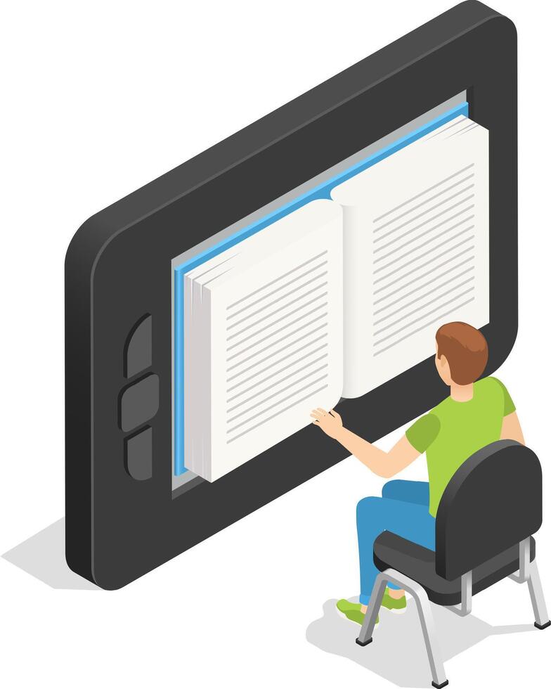 Young student sitting comfortably on a chair, engrossed in reading a large ebook displayed on a giant tablet, illustrating the concept of online education and e learning in an isometric design vector