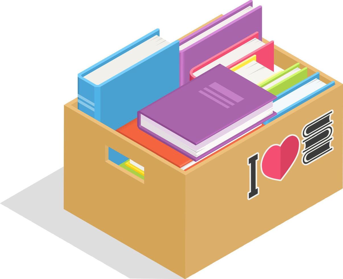 Cardboard box containing colorful books with an i love books sticker promotes the joy and importance of reading, symbolizing a passion for literature and knowledge vector