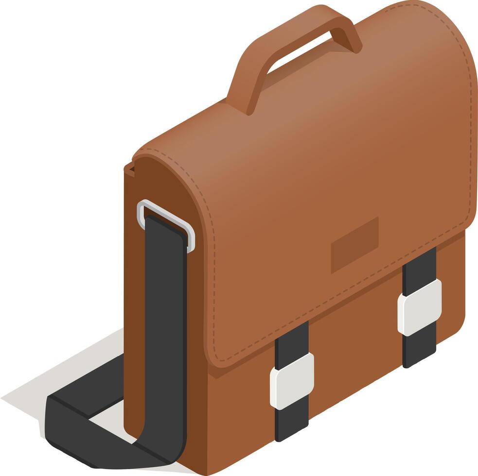 Brown leather messenger bag featuring a sleek black strap and stylish silver buckles, presented as an isometric icon casting a subtle shadow against a pristine white background vector