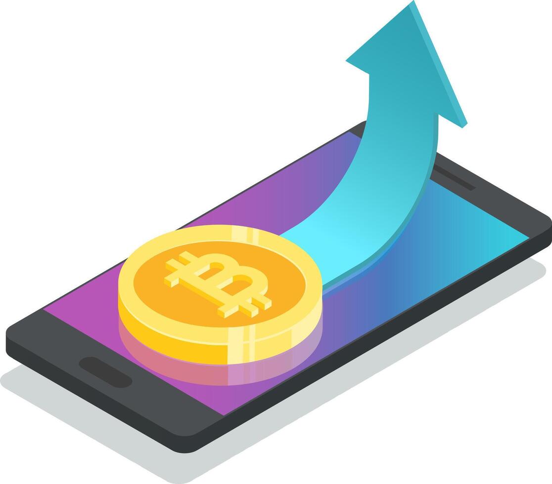 Gold bitcoin resting on a smartphone, featuring a rising arrow that symbolizes the growing value of cryptocurrency, highlighting investment and trading opportunities in the digital economy vector