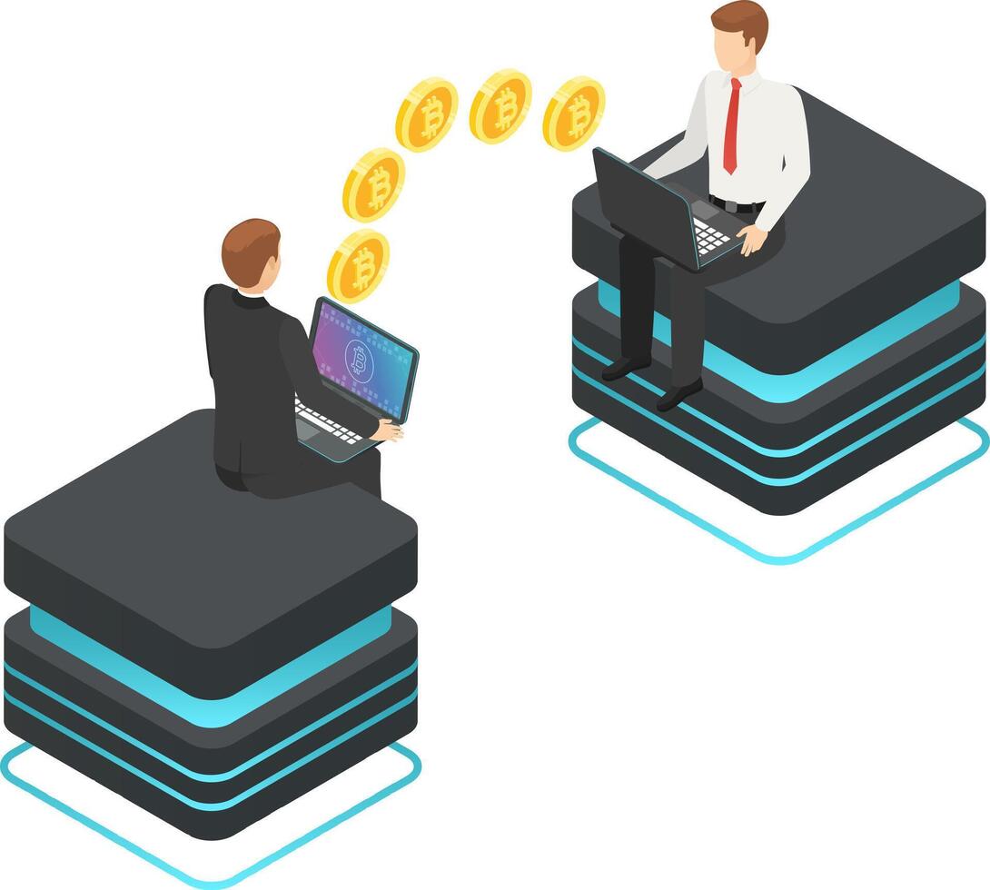 Two businessmen are using laptops sitting on data servers, exchanging cryptocurrency with golden coins transferring between them, representing online transactions and digital finance vector