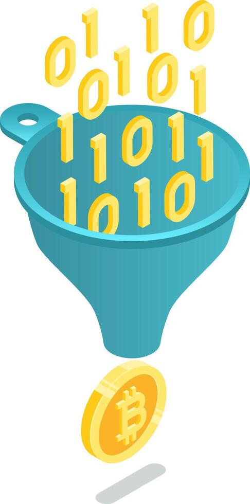 Binary code is being processed through a funnel, transforming into a bitcoin cryptocurrency, symbolizing data mining or cryptocurrency generation vector