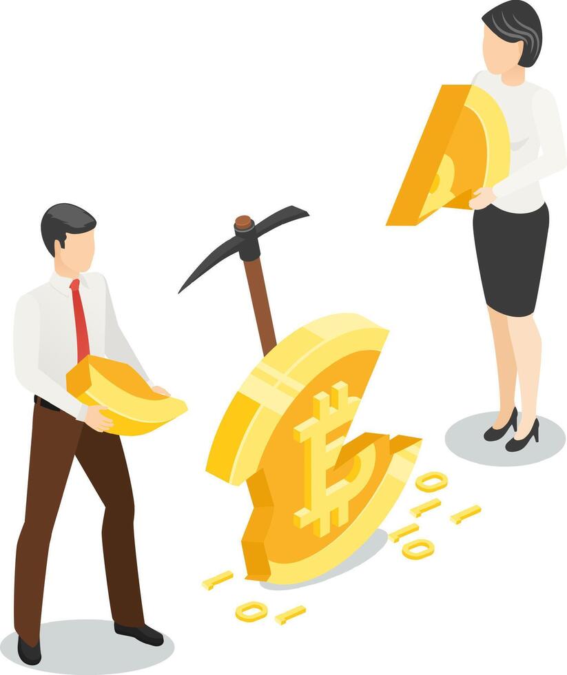 Businessman and businesswoman mining and sharing bitcoin cryptocurrency, using pickaxes to break it into pieces while incorporating binary code, representing the future of digital finance vector