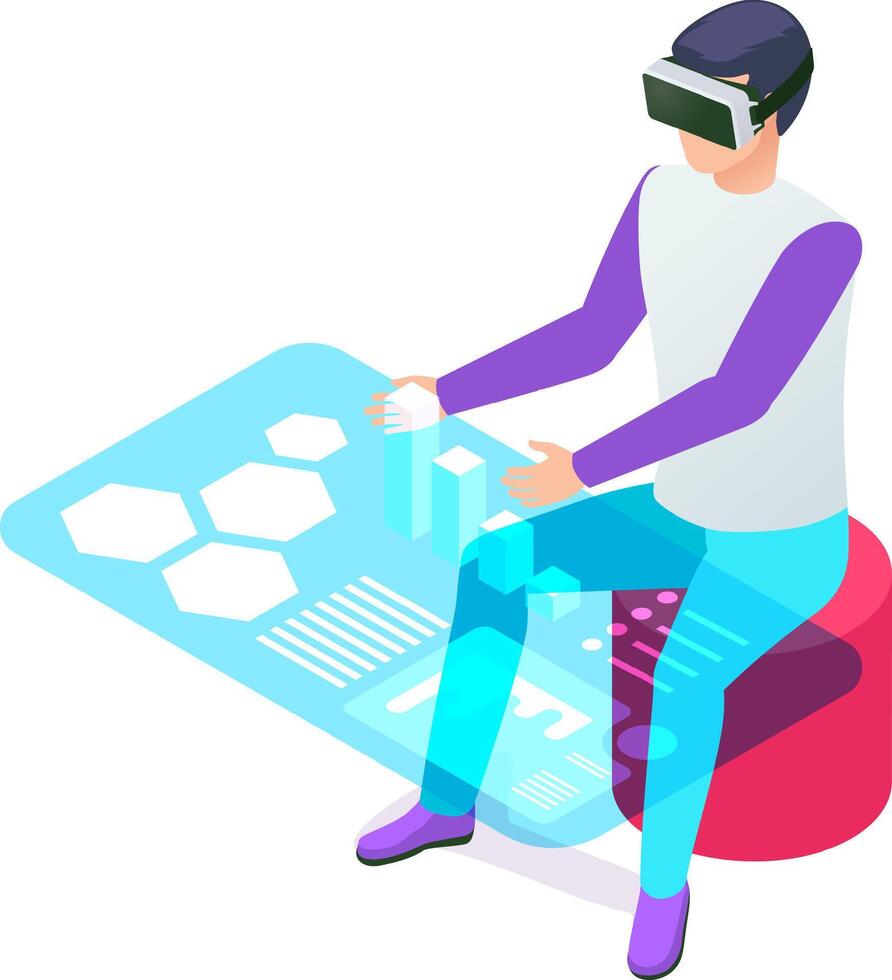 Software developer wearing a vr headset is sitting and interacting with virtual reality data, manipulating holographic charts and diagrams with his hands vector