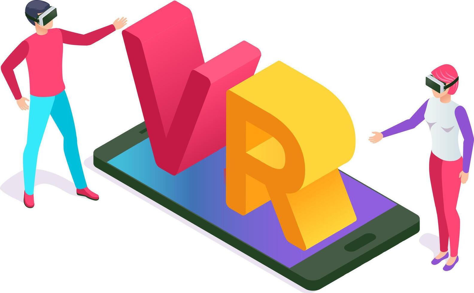 Two people wearing virtual reality headsets are interacting with a large vr symbol emerging from a smartphone, showcasing immersive technology vector