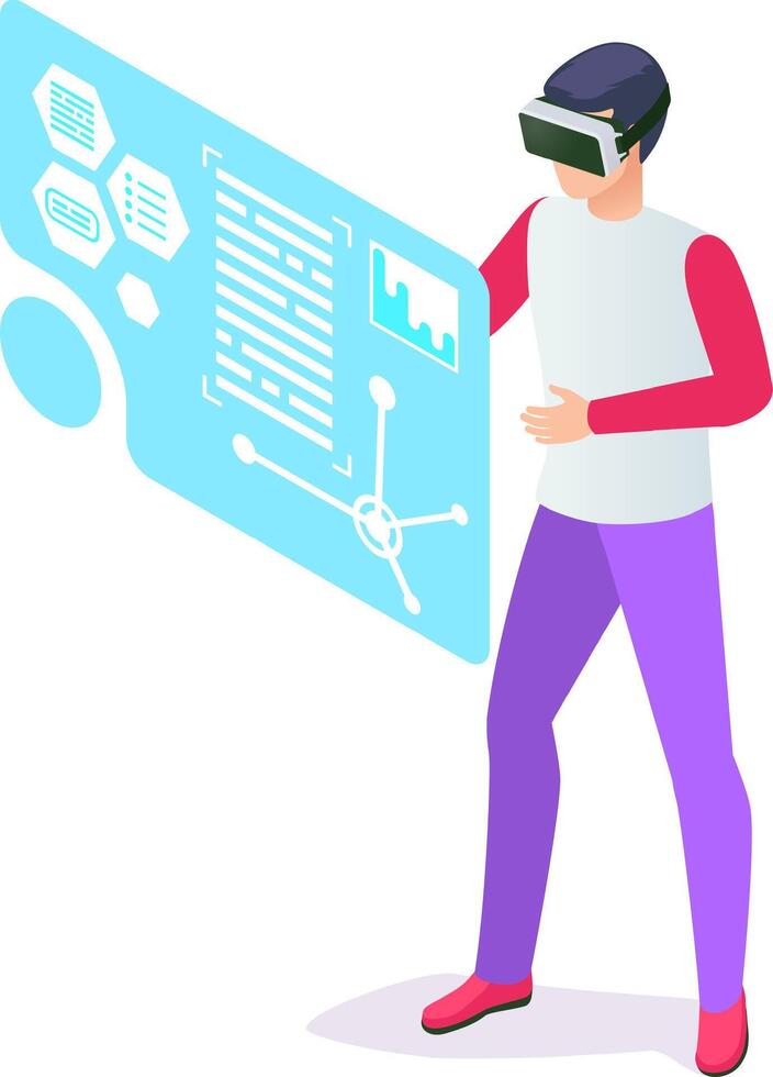 Software engineer using vr goggles interacting with data analysis displayed on a futuristic transparent screen, representing innovative technology in software development and data visualization vector