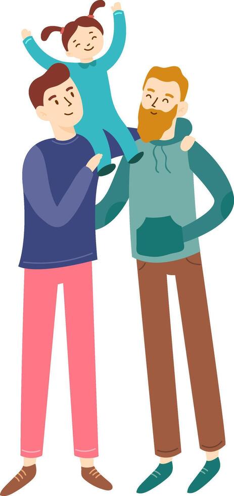 Two fathers joyfully lifting their daughter onto their shoulders, celebrating father's day while embodying family values and embracing lgbtq plus parenting in a modern family portrait vector