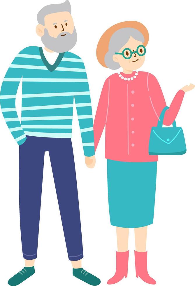 Happy retired couple holding hands while enjoying a leisurely walk, with the woman pointing out something interesting, radiating joy and togetherness in their active lifestyle vector