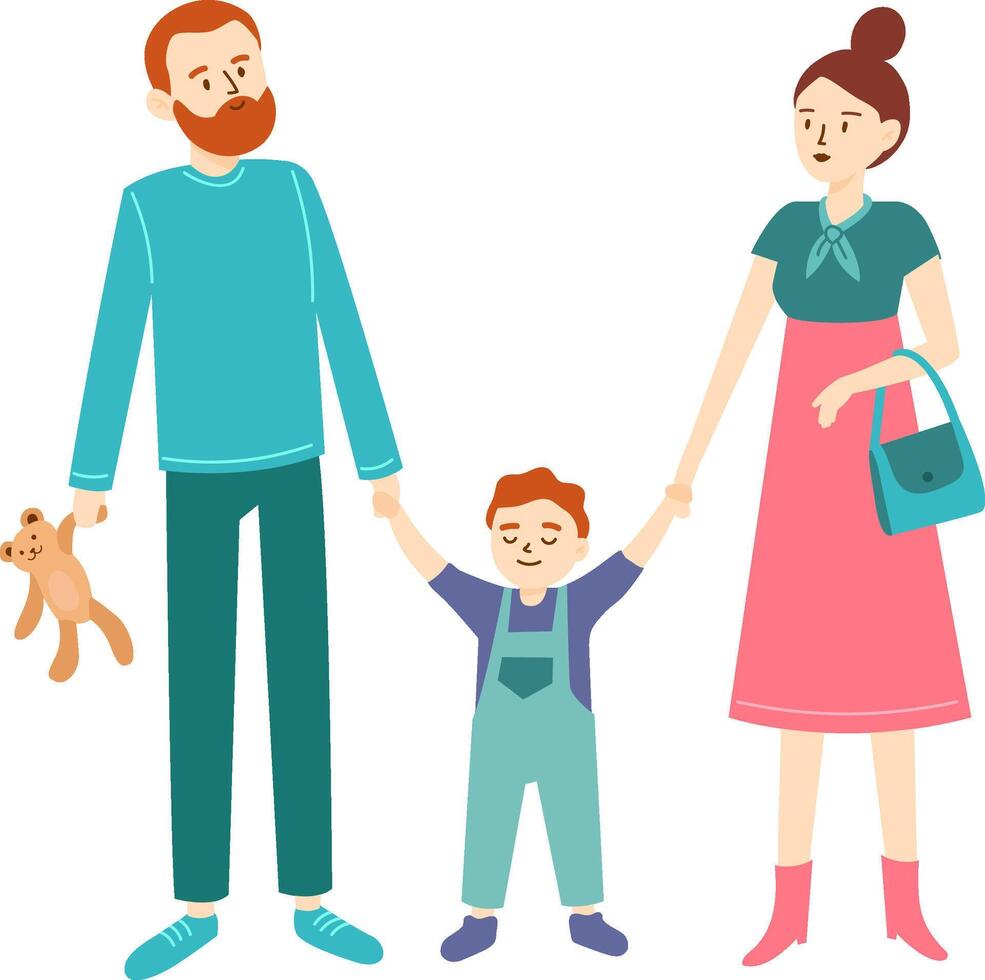 Smiling parents holding hands of their cheerful son, enjoying a leisurely walk, creating a heartwarming scene of family bonding and togetherness vector