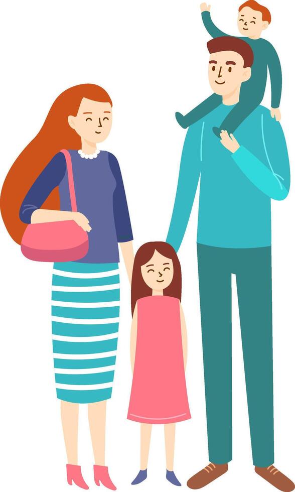 Smiling family posing for a portrait, with father carrying son on shoulders and holding daughter's hand, showcasing family unity and happiness vector