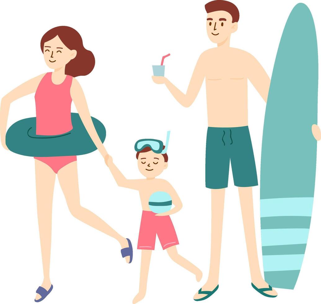 Happy family, mother, father and son, are walking on the beach, ready to swim, holding an inflatable ring, a beach ball and a surfboard, enjoying summer holidays vector