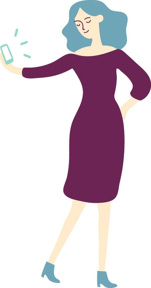 Fashionable young woman with blue hair, wearing a purple dress and blue ankle boots, takes a selfie with her smartphone, smiling and posing for social media vector
