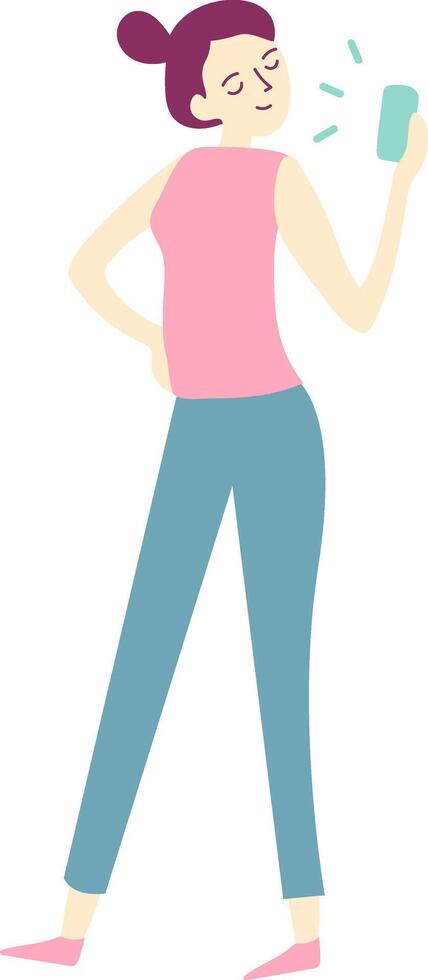 Young woman is standing with one hand on her hip and the other holding a smartphone, seemingly captivated by the device's features and enjoying its functionalities vector