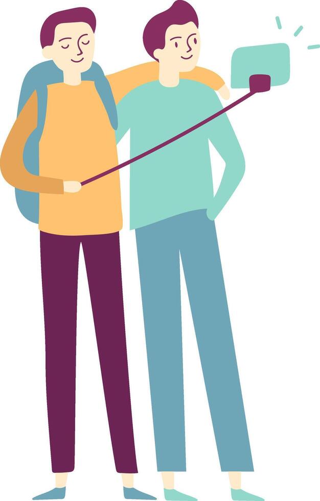 Two joyful male tourists, backpacks slung over their shoulders, capturing travel memories with a selfie stick, radiating happiness and excitement during their adventure together vector