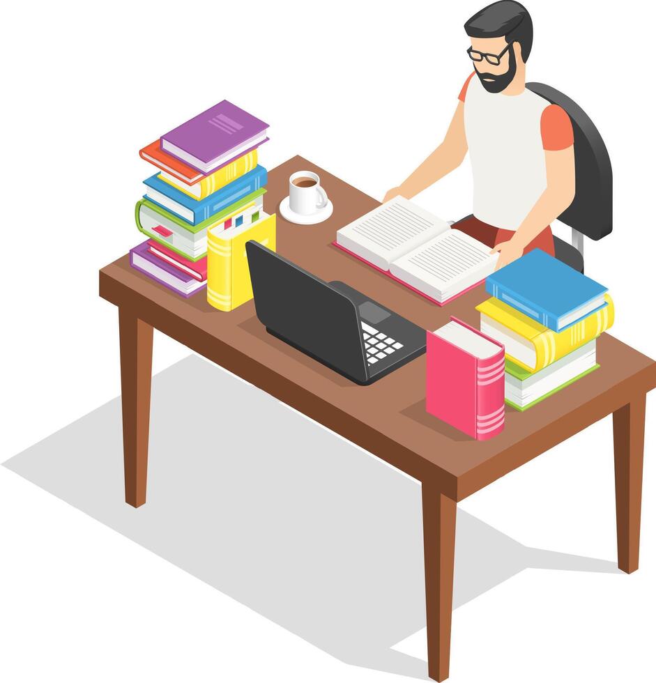 Student is diligently studying at a desk, surrounded by stacks of colorful books and using a laptop, showcasing the modern learning process vector