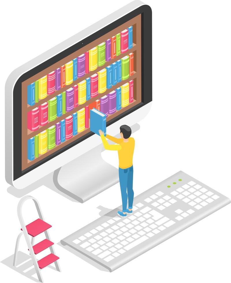 Online library allowing student to pick book from large bookshelf displayed on computer screen, offering convenient access to vast collection of knowledge and information vector