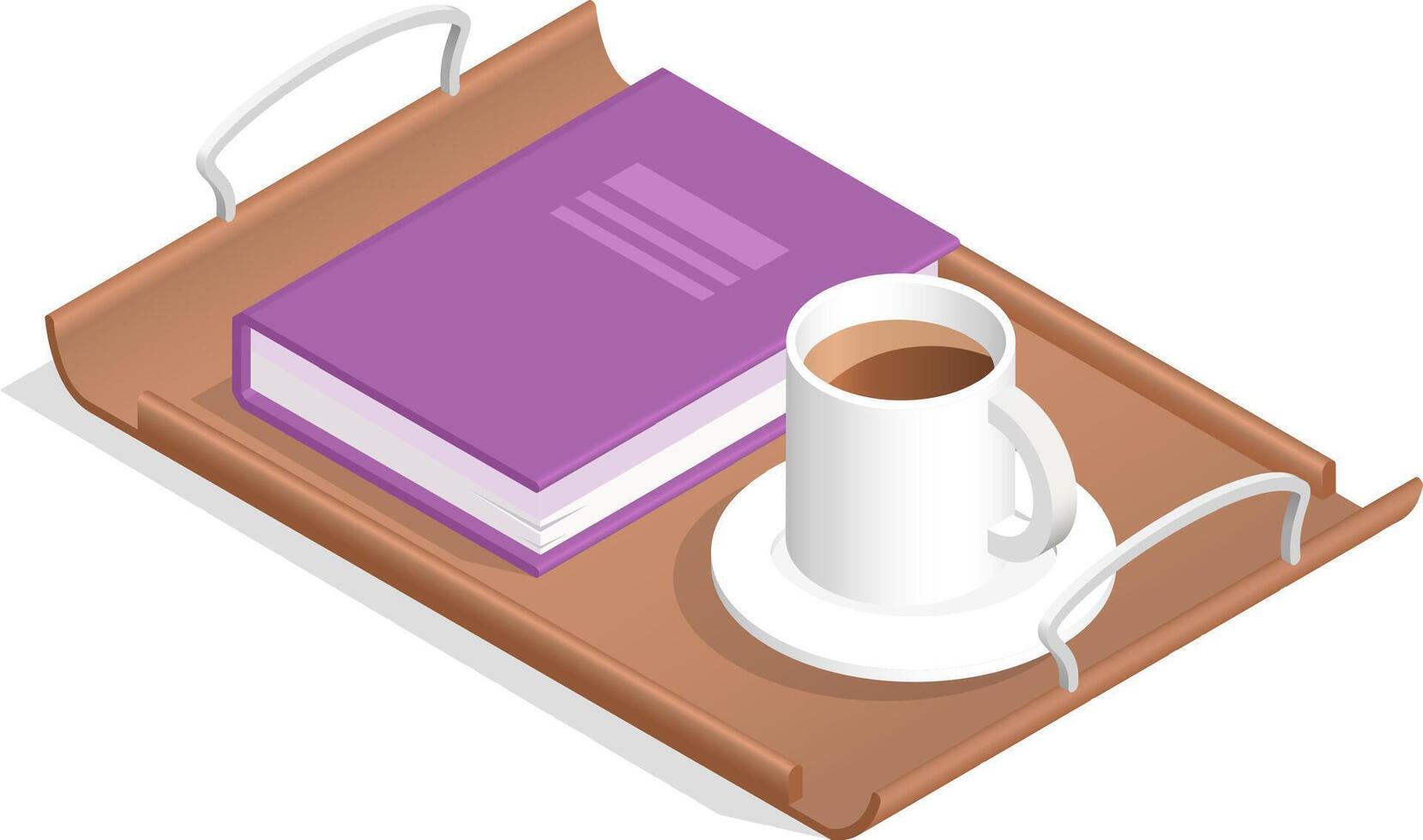 Presenting a cozy breakfast scene, a wooden tray holds a closed purple book next to a steaming cup of coffee, inviting relaxation and enjoyment in the morning light vector