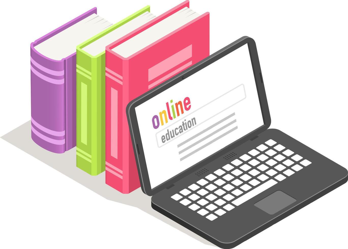 Laptop showcasing an online education platform, surrounded by vibrant books, representing the essence of online learning and the wealth of digital knowledge resources available vector