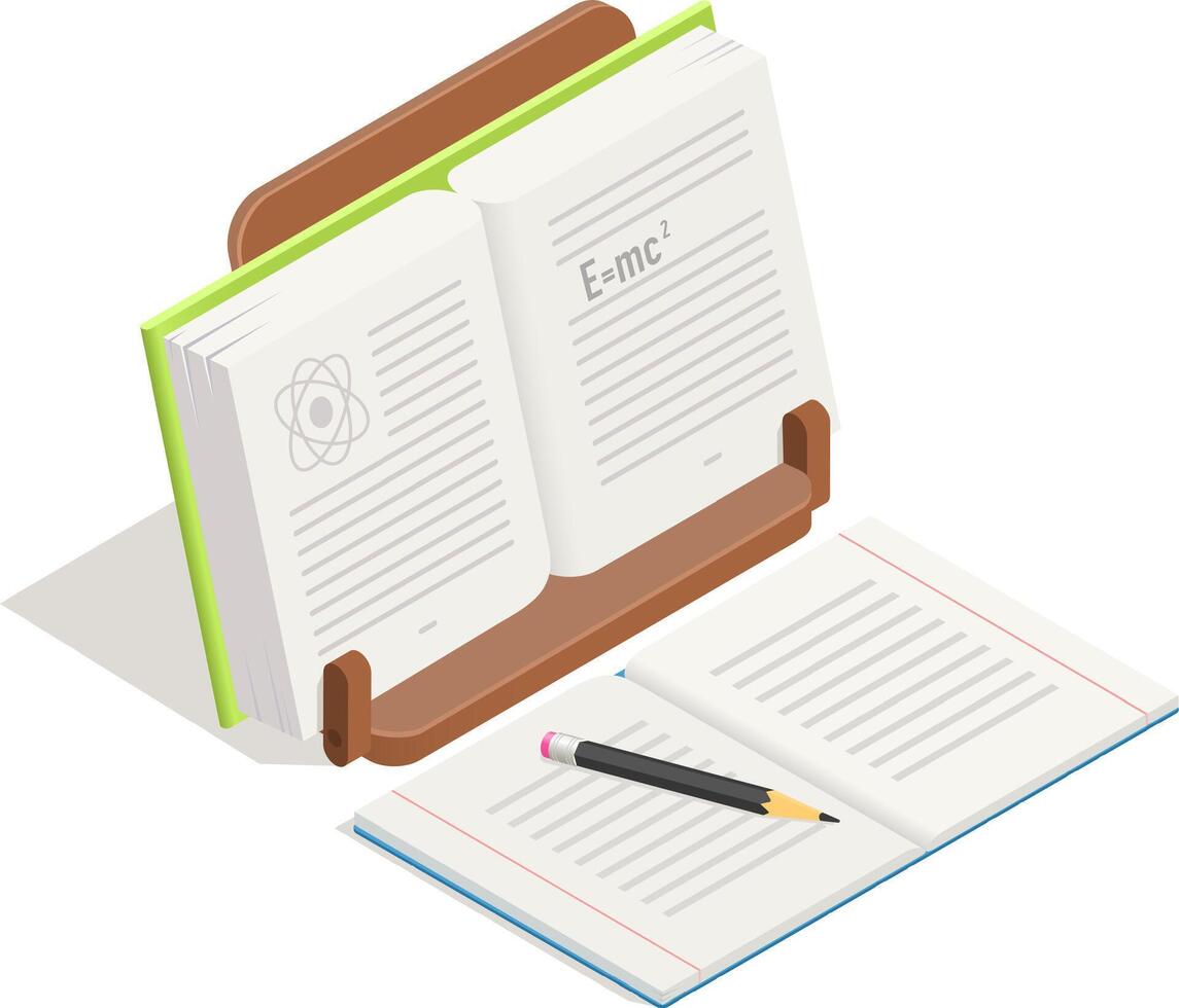 Open textbook showing theory of relativity formula and atom symbol on wooden book stand with another open book and pencil nearby suggesting studying physics or chemistry vector