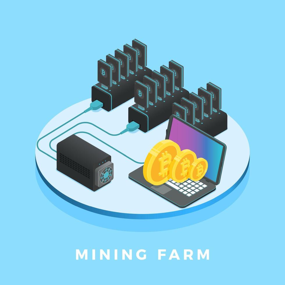 Cryptocurrency mining farm generating bitcoin on a laptop, connected to a power supply unit, illustrating the process of mining digital currency using powerful hardware vector
