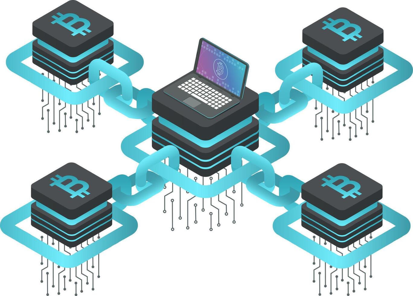 Cryptocurrency servers with bitcoin symbol connected by blockchain links to laptop showing bitcoin symbol on screen, concept of mining and trading crypto currency vector