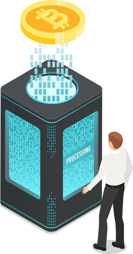 Programmer managing cryptocurrency mining on a powerful server tower with digital coin processing data, isometric illustration of blockchain technology and fintech concept vector