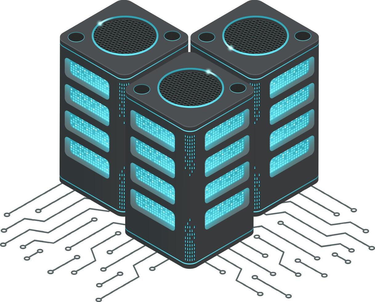 Three server units are processing data, illuminated by glowing blue lights, connected by futuristic circuitry, representing the power of modern computing vector