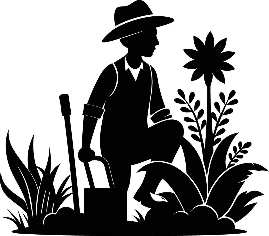 Gardening silhouette art illustration design and a gardener working his garden vector