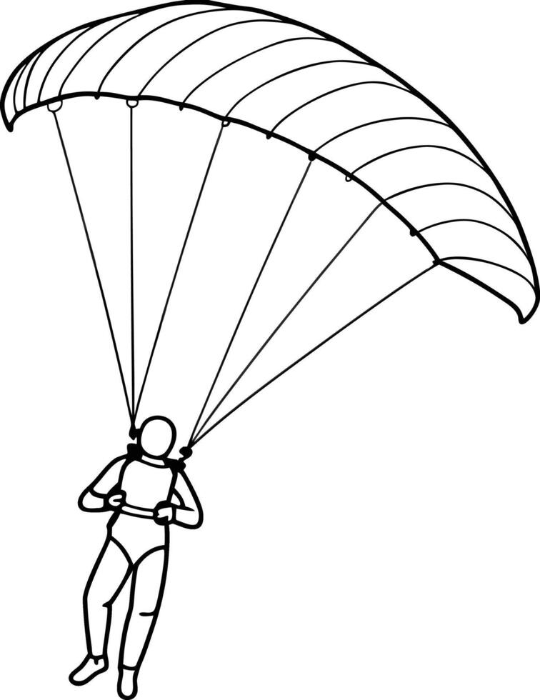 Paragliding man line drawing . Paraglide wing and harness for sky flights. Skydiving extreme sport. Monochrome hand drawn illustration isolated. Parachuting outline design. vector