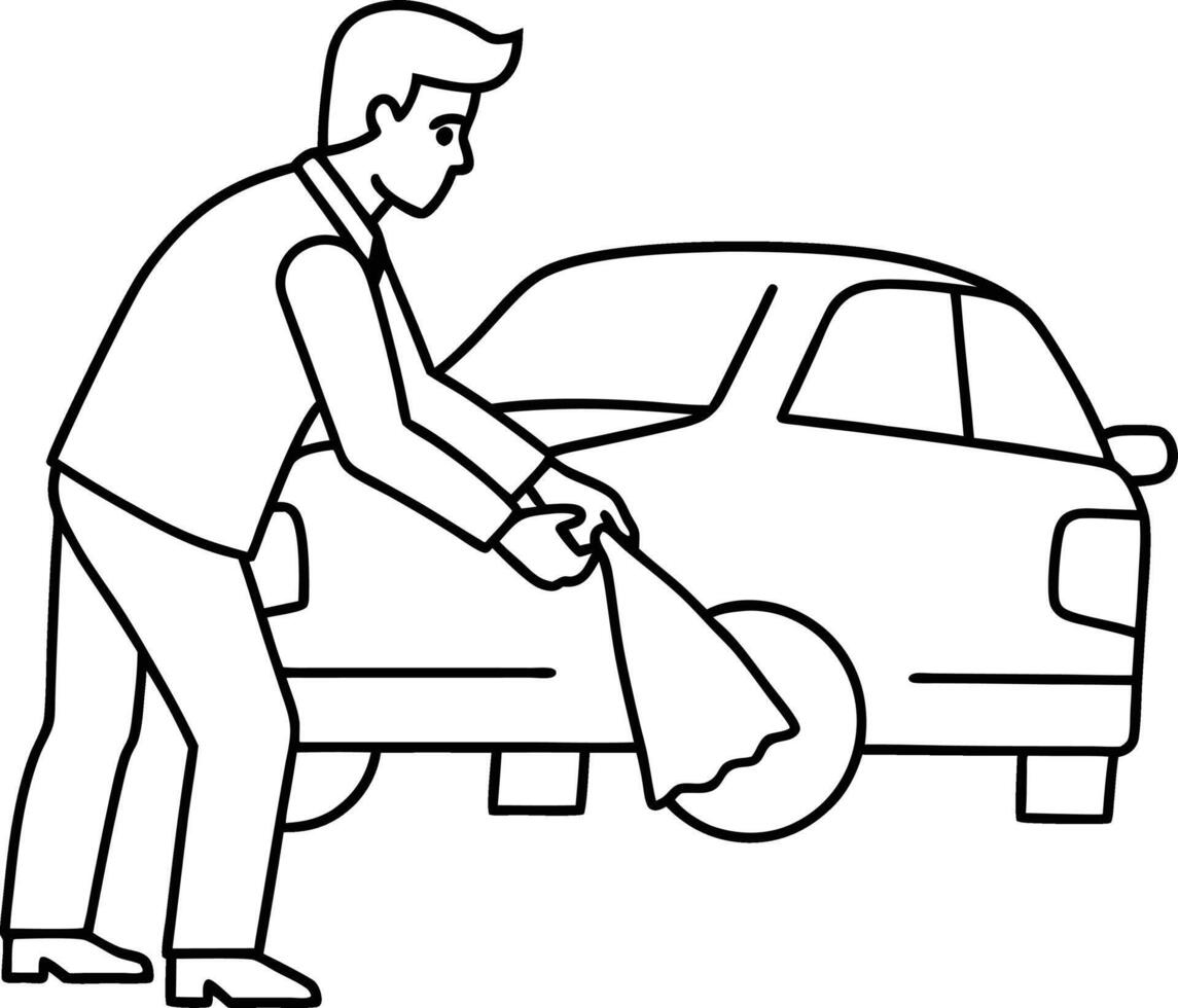 A man washing a Car line drawing abstract concept illustration. Transport owner using self-service car wash, foam spray, water splash, shiny automobile outline, vehicle maintenance drawing. vector