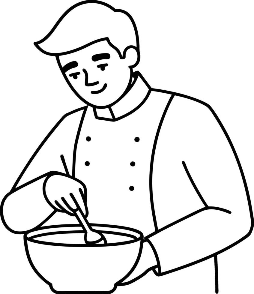 Man Stirring line drawing . The cook prepares food in a frying pan outline. Cooking food on fire. The chef stirs the food being prepared.One continuous line art illustration design. vector