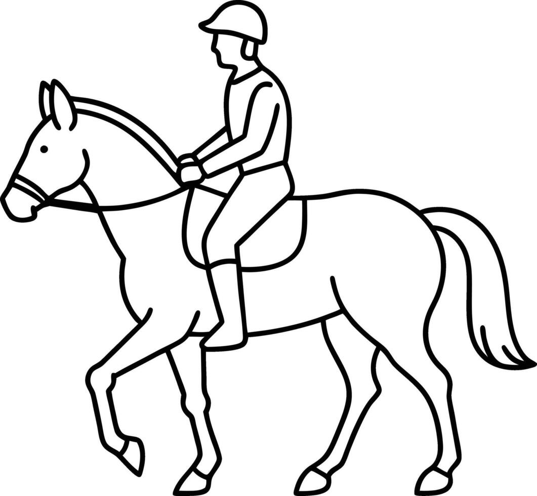 Line drawing of a professional rider on a dressage horse. Horse riding outline art and illustration. Jockey riding a stallion. A sketch of a dressage rider on a horse executing the half pass. vector