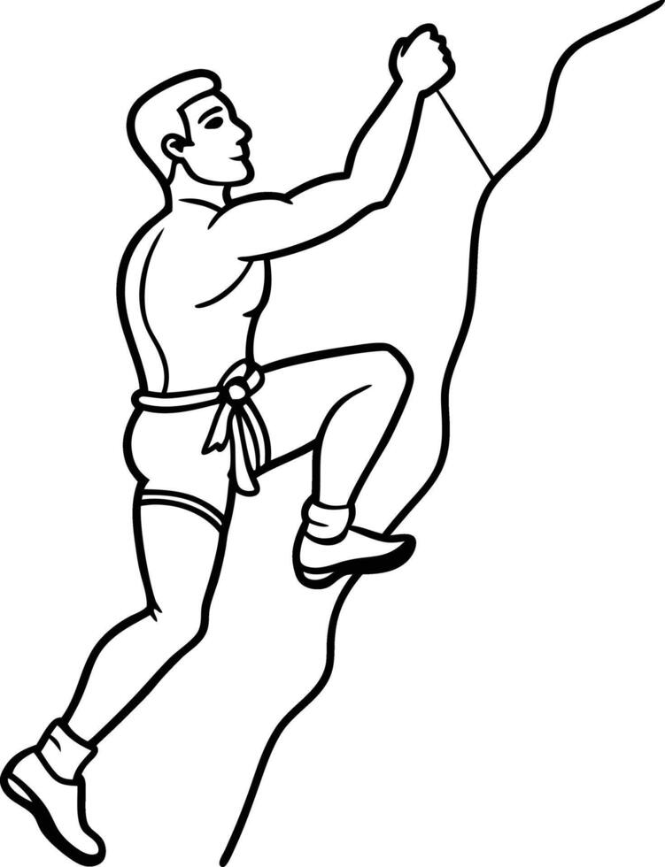 A rock man climbing line drawing climb to mountain with rope. Man person backpack nature hiking climbing lifestyle line art design. Achievement goal concept outline. Continuous line draw. vector