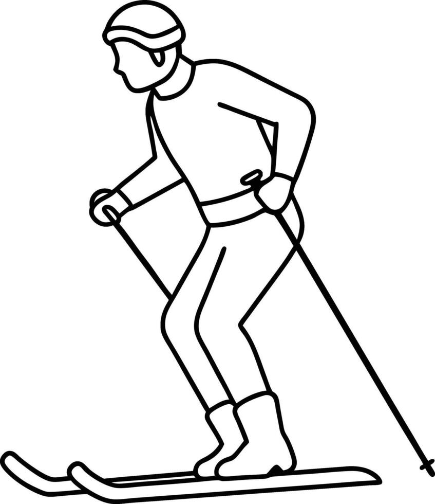 Man is skiing outline. Illustration in line art style. Continuous line drawing. Illustration shows a Alpine skier skiing downhill. Winter sport. vector