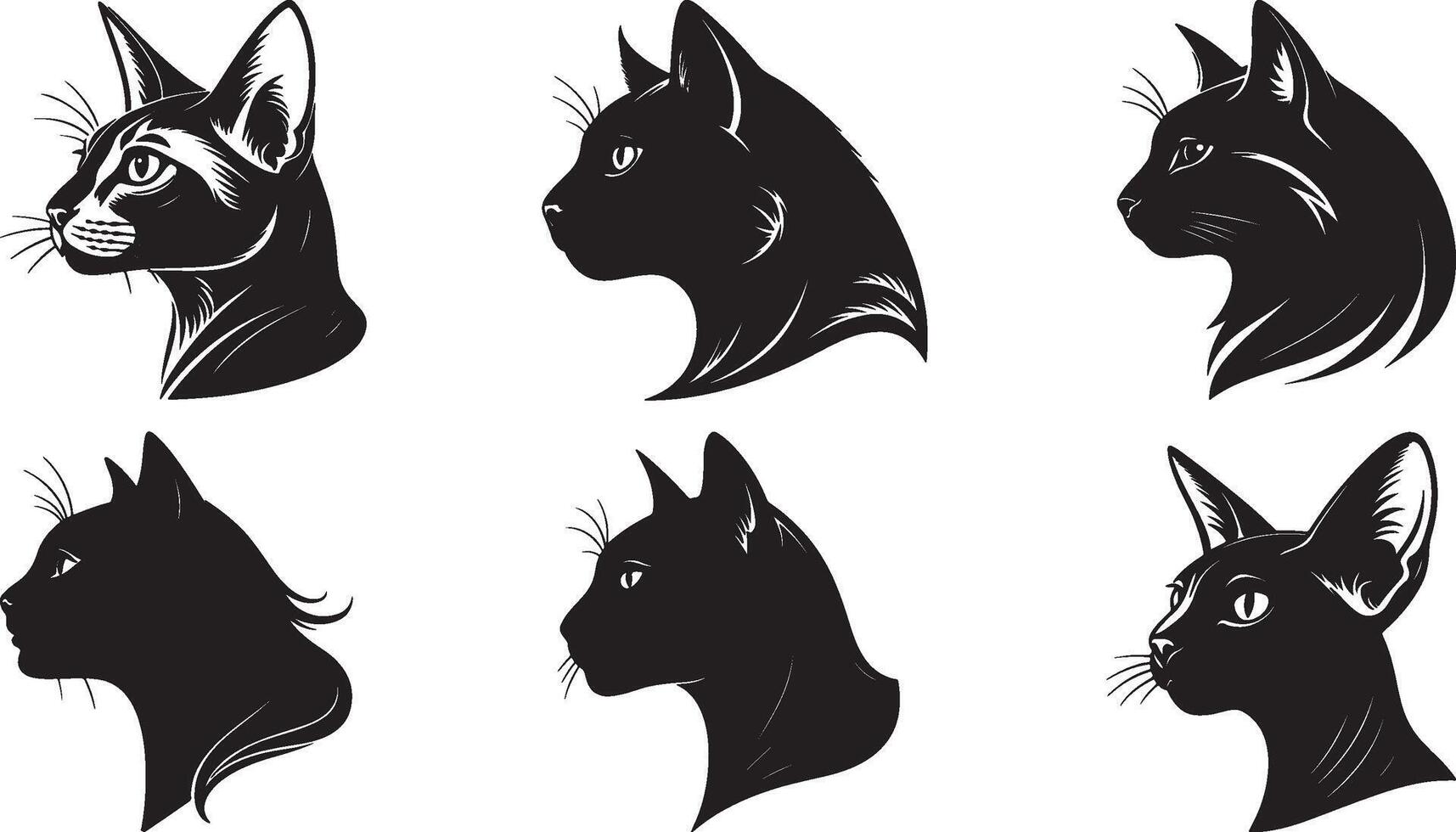 The animal of Cat Head silhouette bundle art illustration design, icon and logo using black color. vector