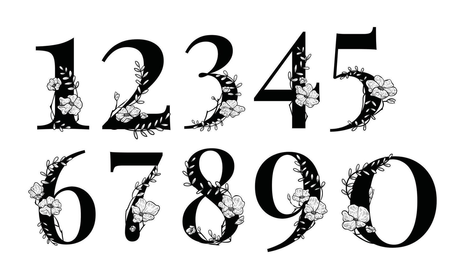 number floral font handdrawn collection vector