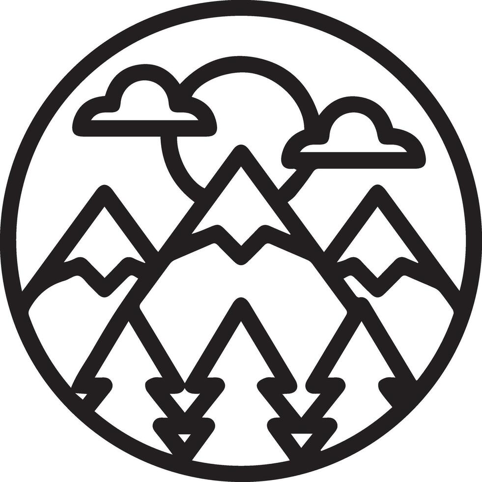 A black and white illustration of mountains and trees for logo vector