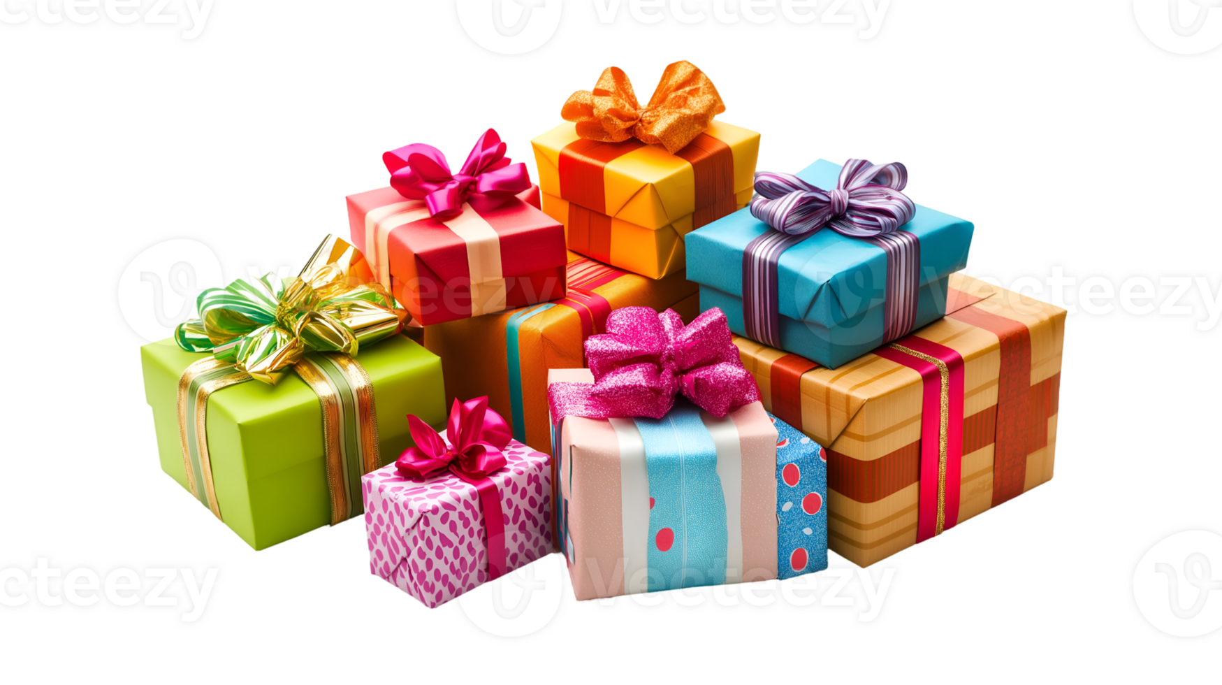 a pile of colorful gift boxes wrapped in various patterns and tied with ribbons and bows. The image evokes a sense of excitement, joy, and celebration. The transparent background png