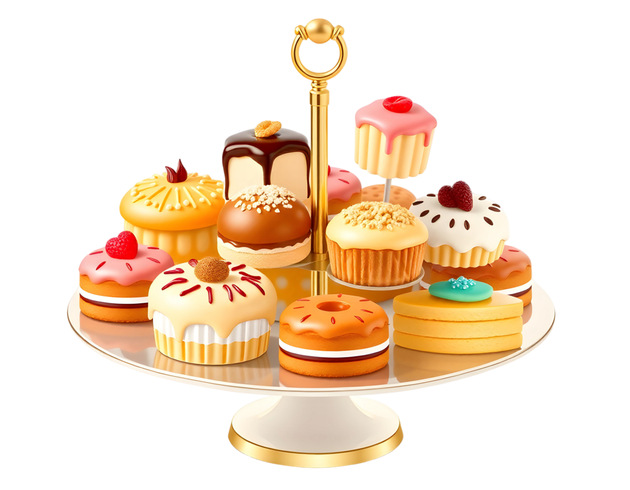 A cake stand with many different types of cakes png