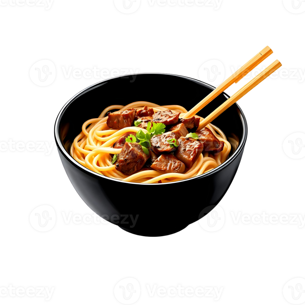 A bowl of noodles with meat and chopsticks png