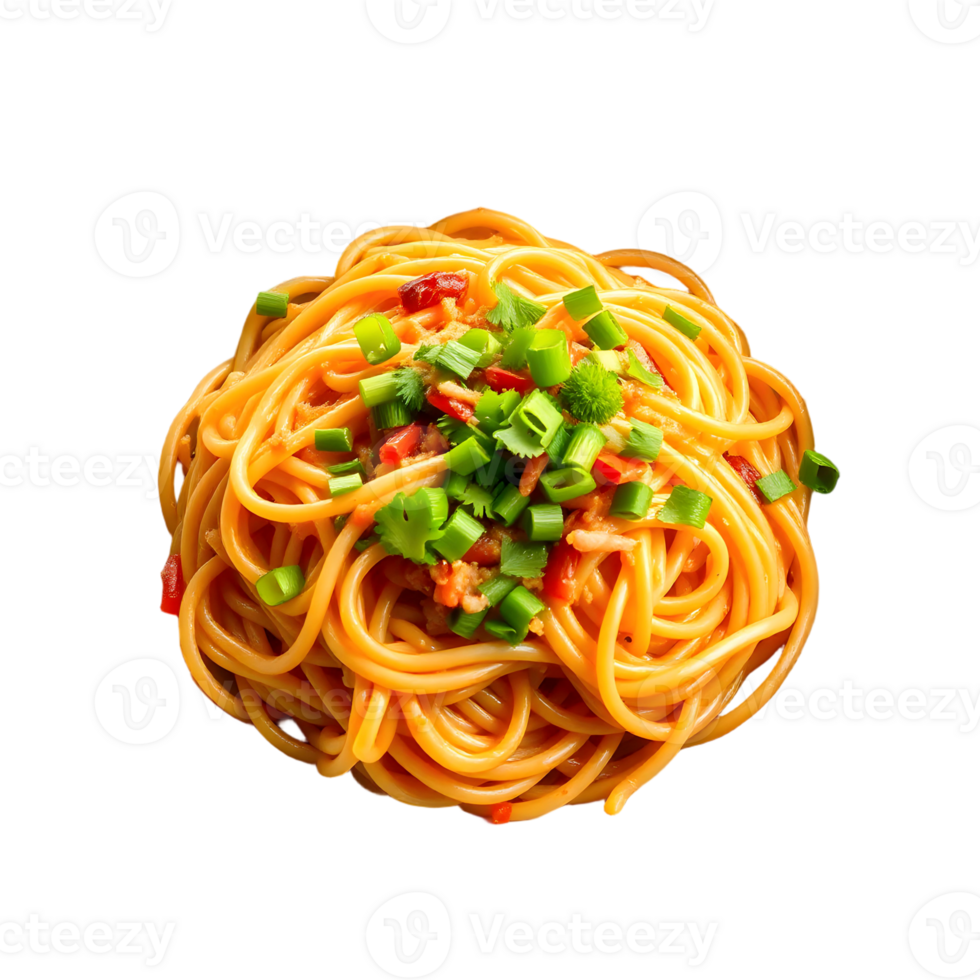 A plate of noodles with green onions on top png